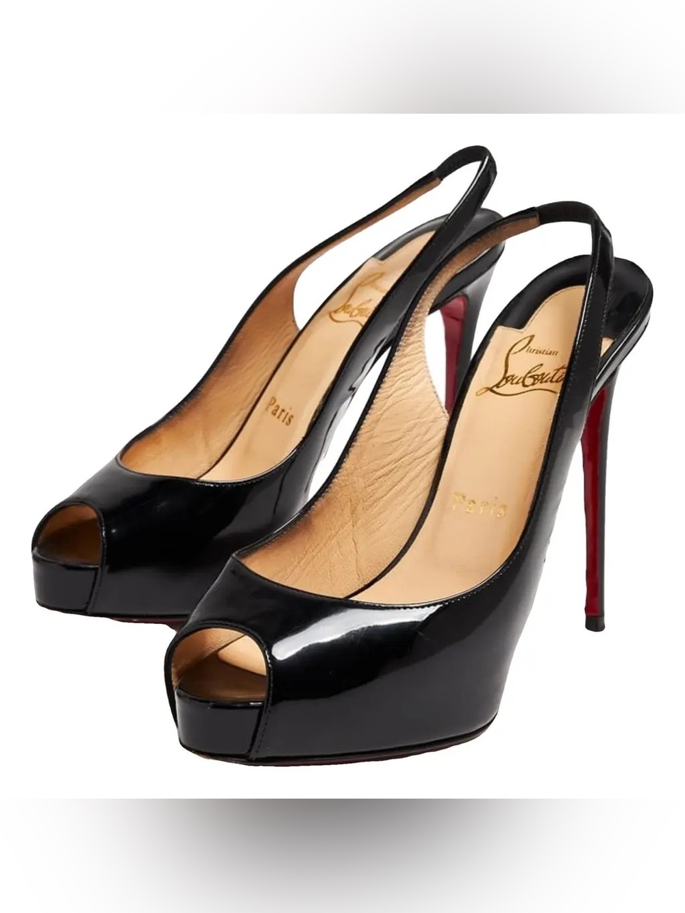 Christian Louboutin Lady Peep Sling Back Black Patent Leather Peep-Toe Sz 39